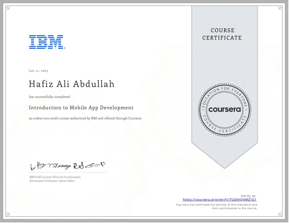IBM and Coursera certificate for introduction to mobile app development